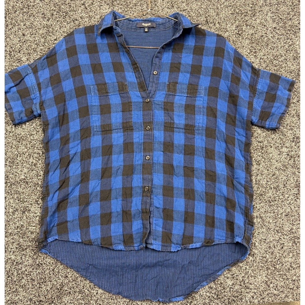Madewell Shirt Womens XS Blue Black Buffalo Plaid Central Button Down High Low